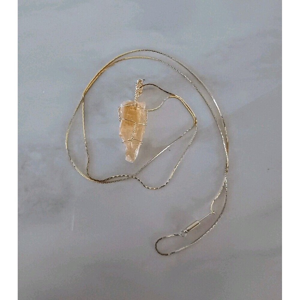 Natural Citrine Raw Quartz Pendant Gold Tone Wire Wrapped With Vintage Chain